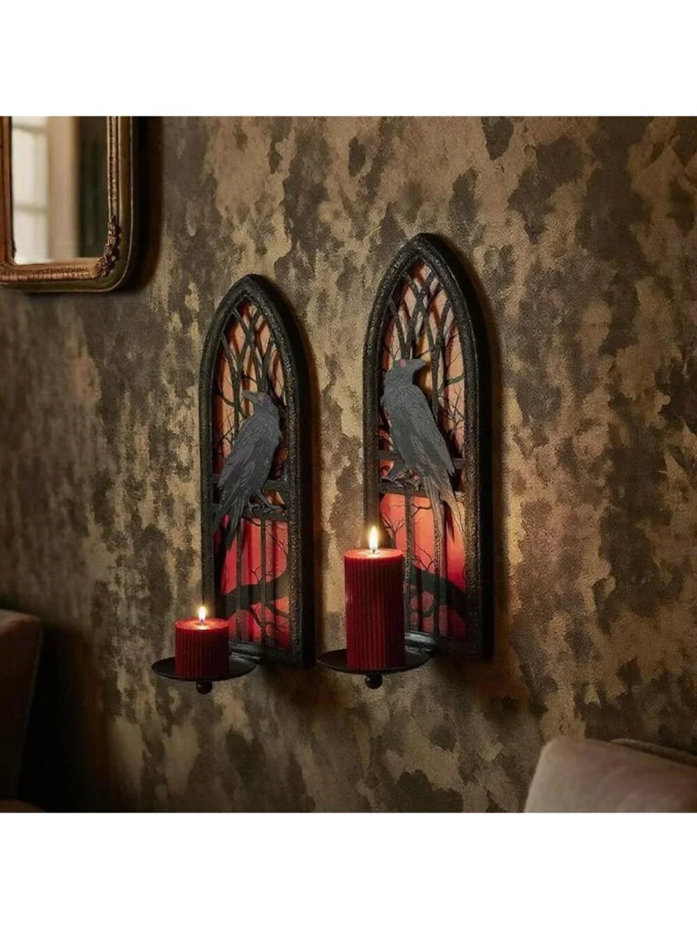 Gothic Wall Candle Sconces Set of 2 - Wrought Iron Candelabra Holders for Taper